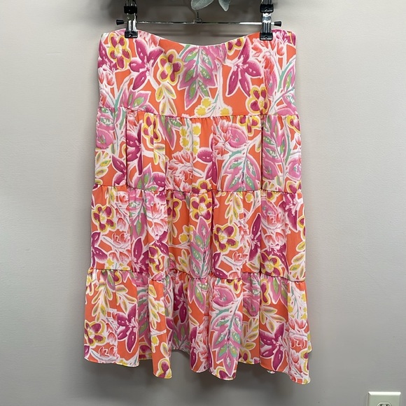 NWOT Chaps Coral Pink Yellow Floral Lined Tiered Chiffon Midi Skirt MP - Picture 2 of 14
